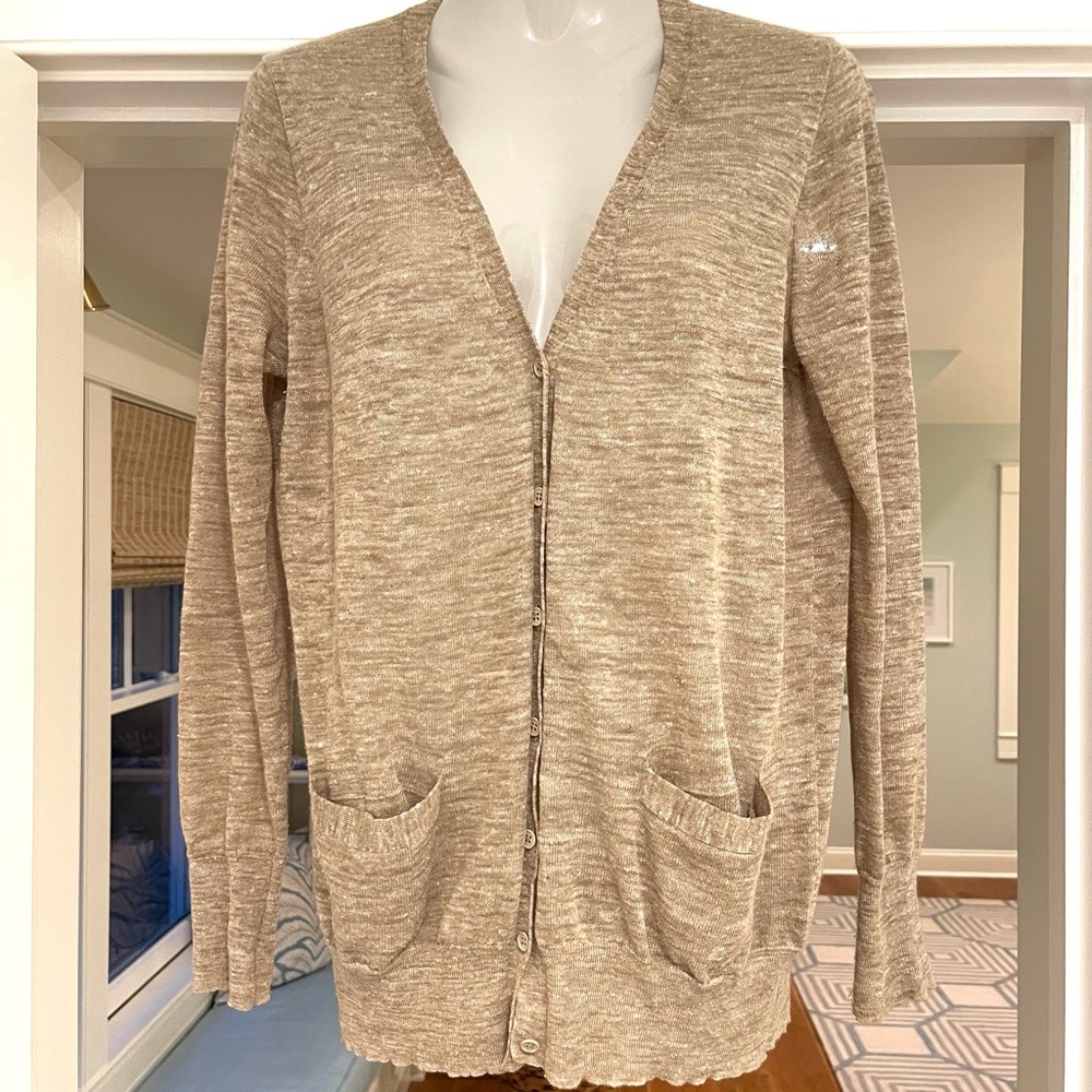 J CREW Tan Linen poly womens button down cardigan Sweater Sz Medium pockets EUC!